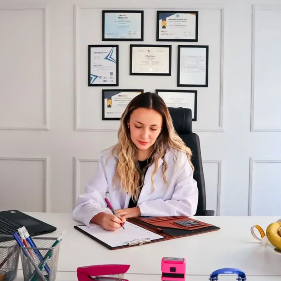 Naturopath writing notes at a bright office desk with fresh fruit and certificates in Perth — Systemly builds automated check-in and reminder systems for naturopathic practices